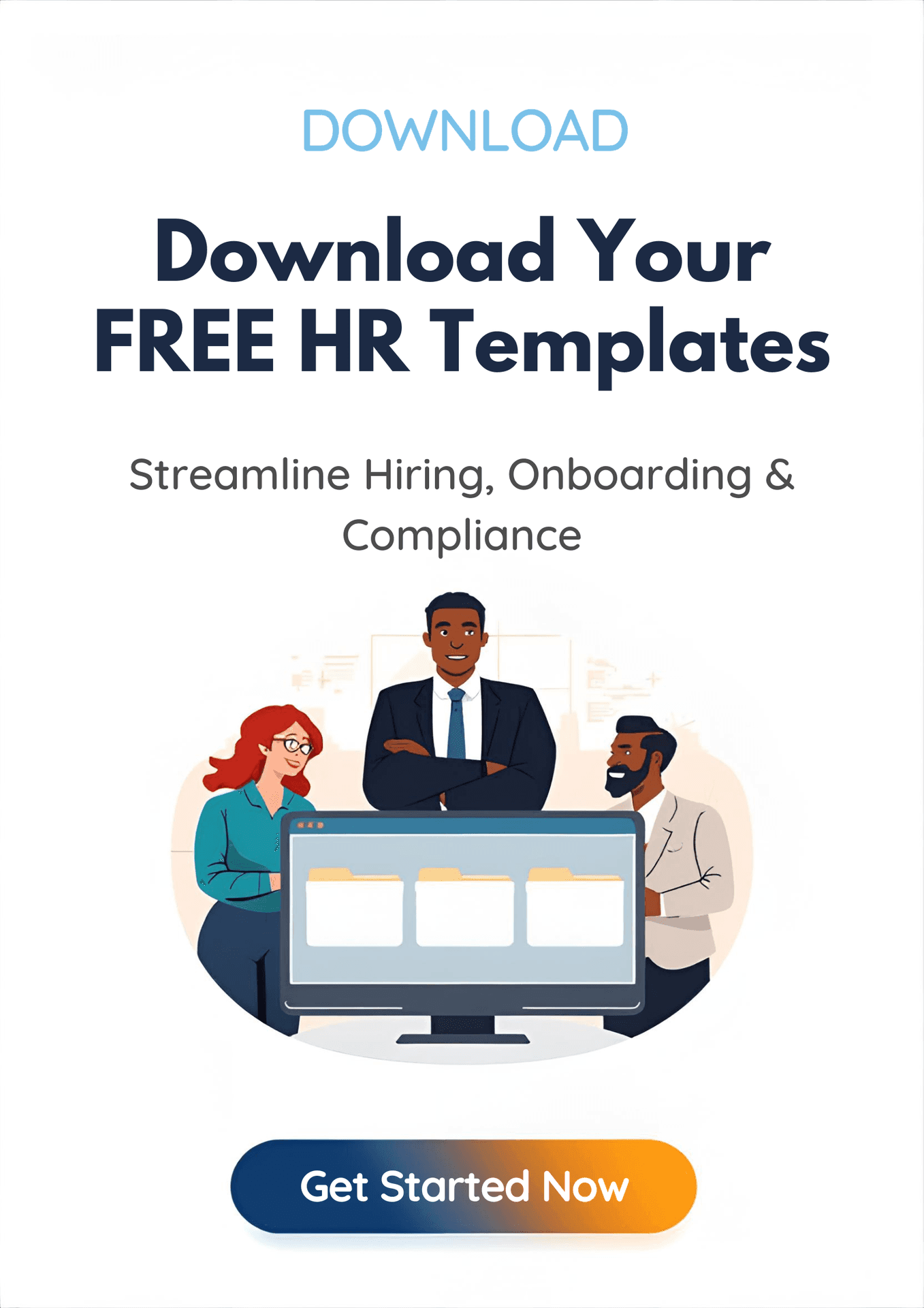 Advertisement for free HR templates with illustration of diverse professionals and download button.